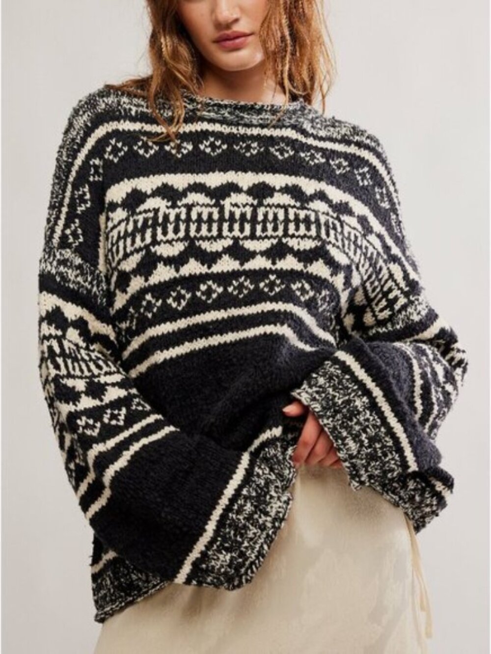 FREE PEOPLE Dani Pattern Sweater / Black Combo LARGE